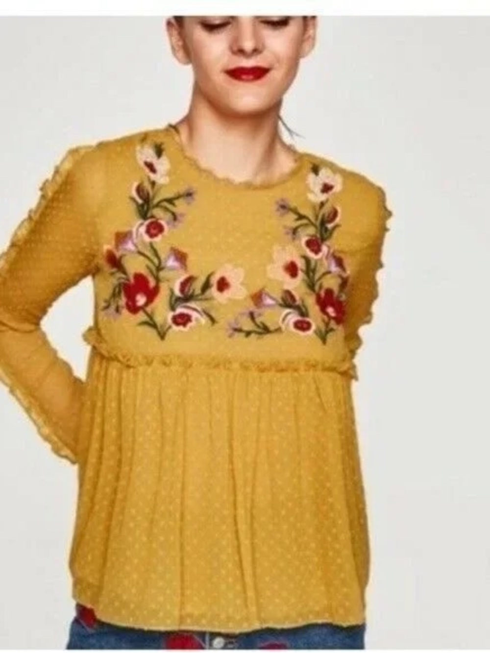 Zara Mustard Yellow Embroidered Peasant Blouse
